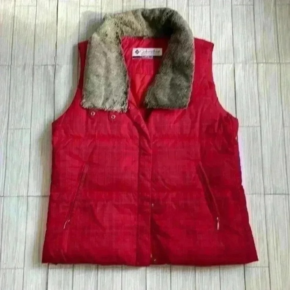 Columbia red quilted faux fur collar plaid puffer vest - Picture 1 of 5